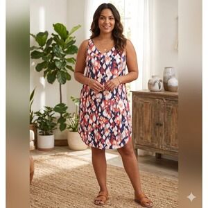 NIC+ZOE Blue Multi Abstract‎ Print Sleeveless Shift Dress Pockets S231913 NWT L